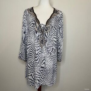 SOFT SURROUNDINGS South Beach Tunic 2X Blue Snakeskin Beaded 3/4 Sleeves Casual